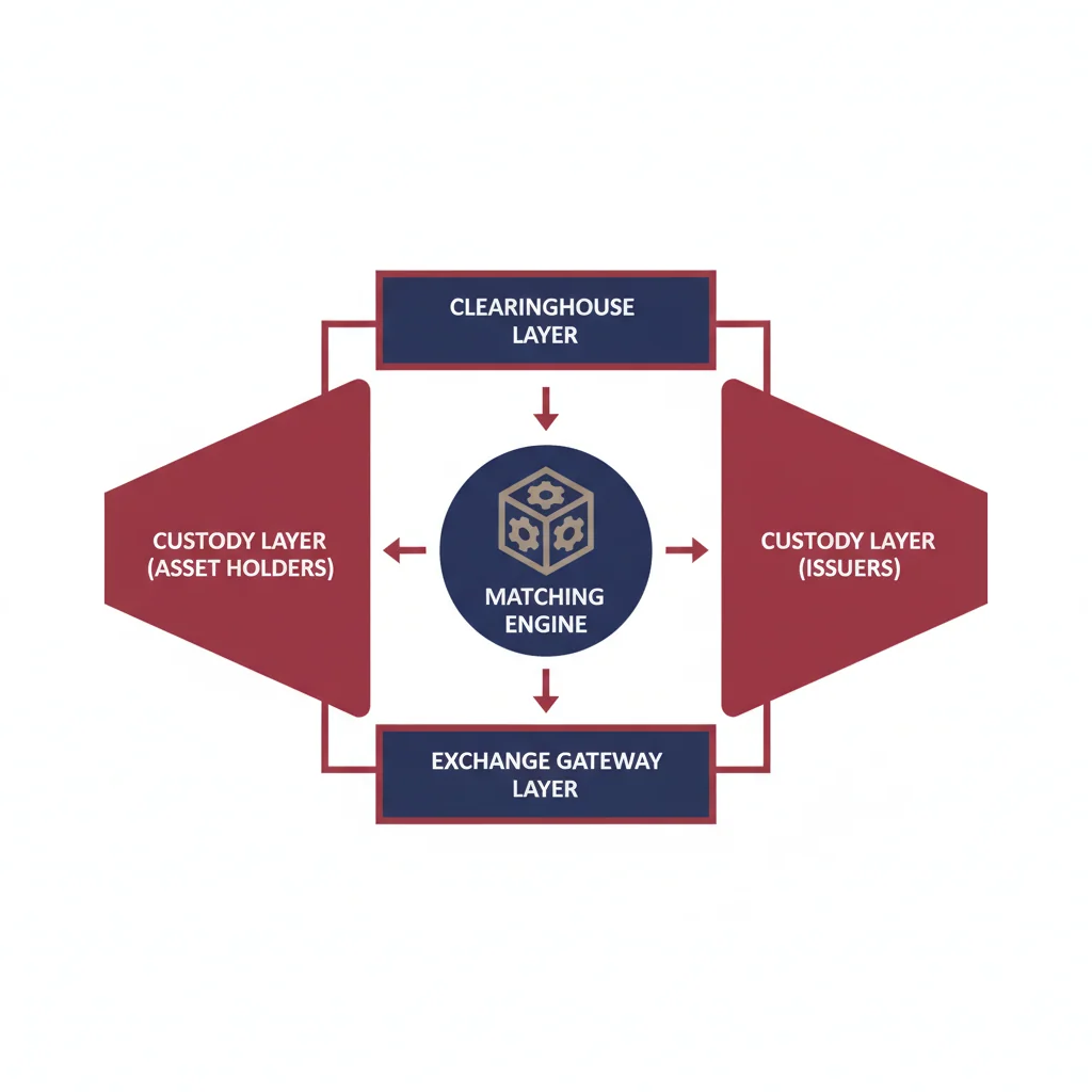 Diagrama de infraestrutura de mercados financeiros: matching engine, câmara de compensação e custódia